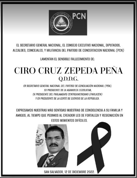 Fallece expresidente de la Asamblea Legislativa Ciro Cruz Zepeda